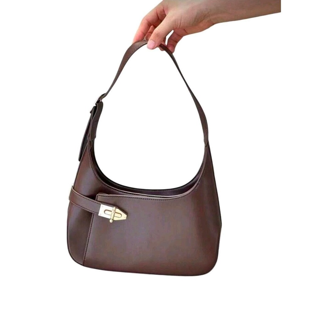 Brown fauxLeather Hobo Handbag Shoulder Bag Gold Tone Buckle